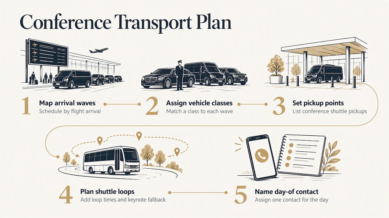 Conference transfer schedule from arrivals to venue