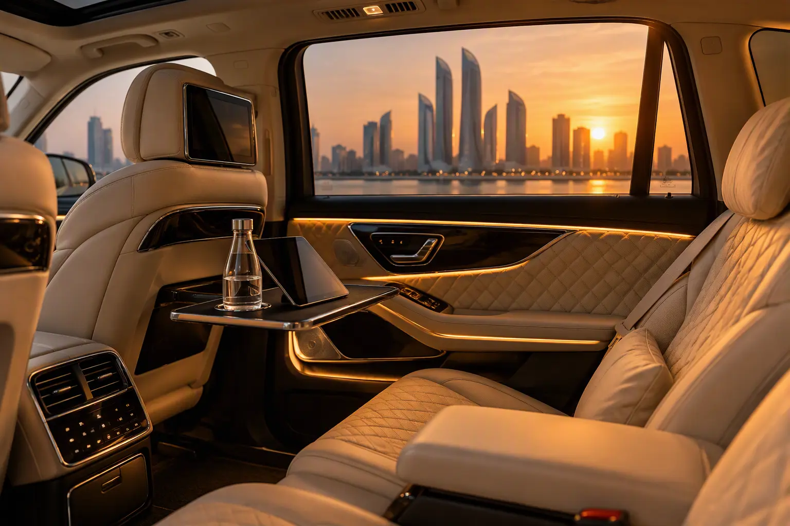 Abu Dhabi Airport Transfer & VIP Chauffeur Service – Zayed International Airport (AUH) 2 Abu Dhabi VIP transfer, luxury rear seat with city skyline view