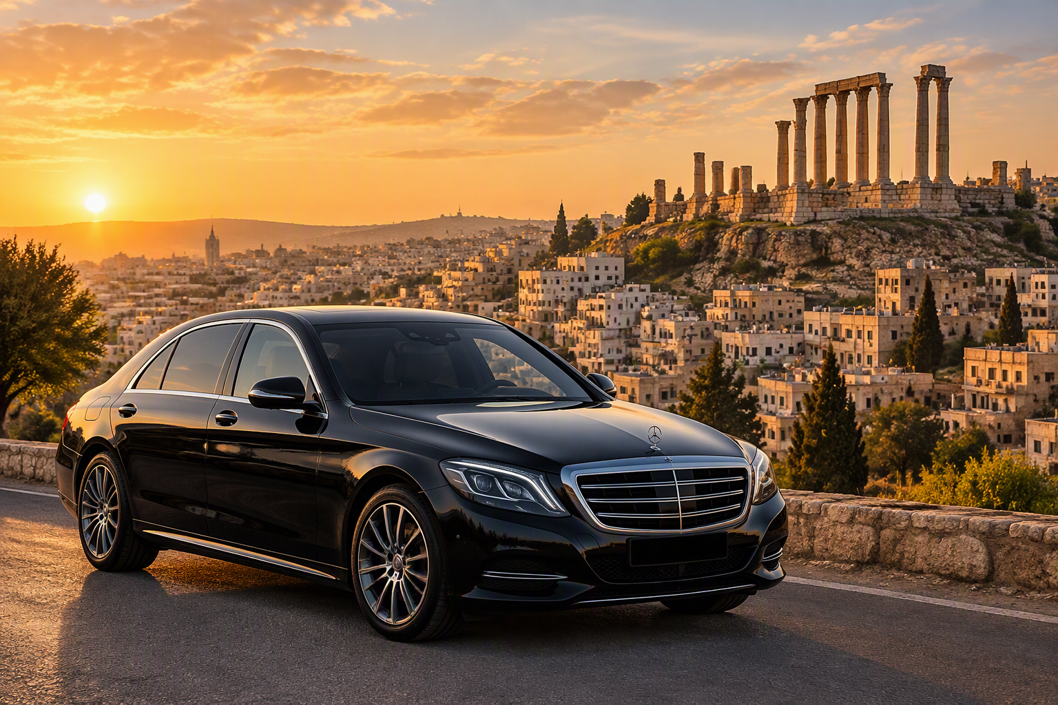 Black Drive Amman airport transfer sedan at the Amman Citadel at sunset