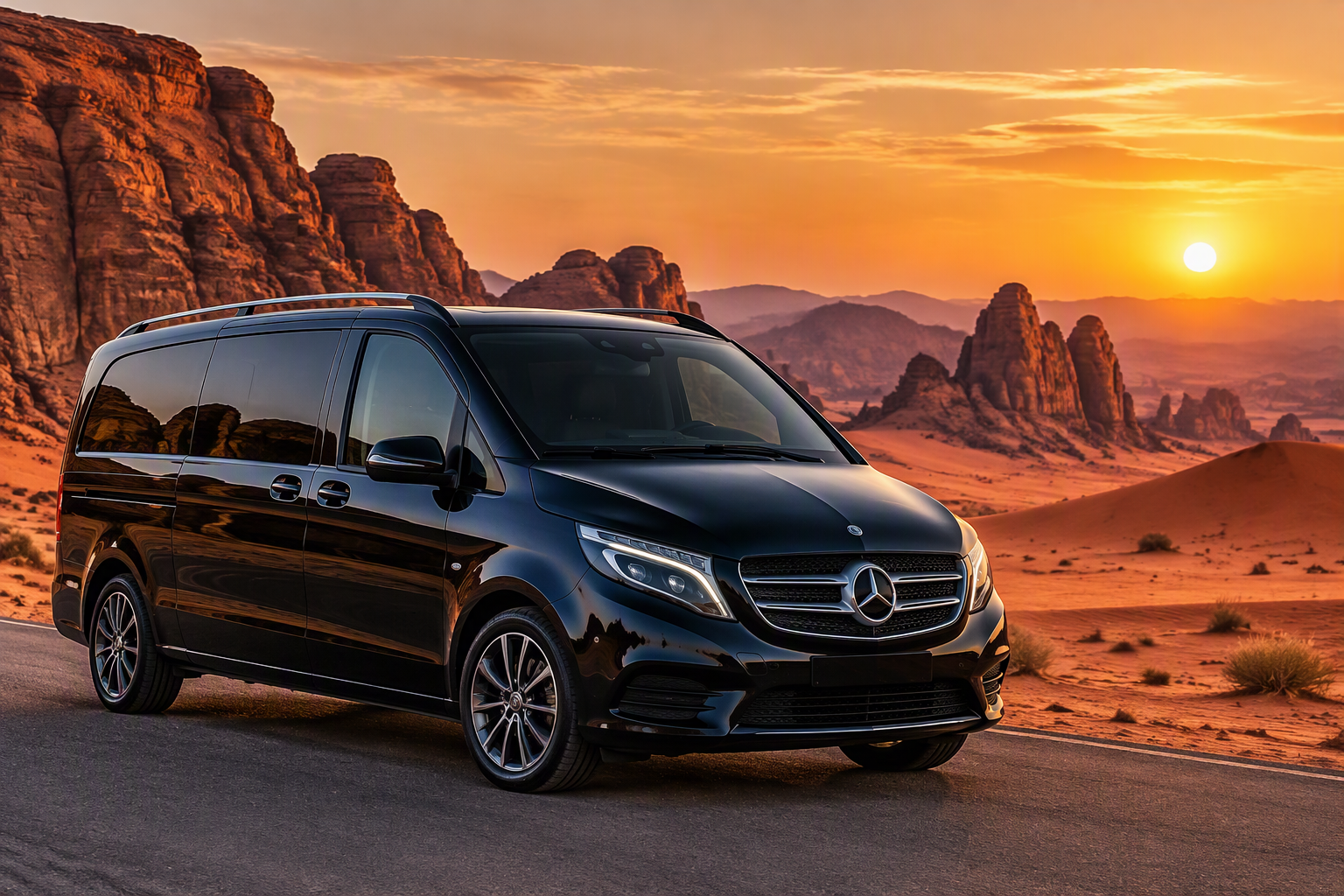Black Drive Amman airport transfer van in the Wadi Rum desert at sunset