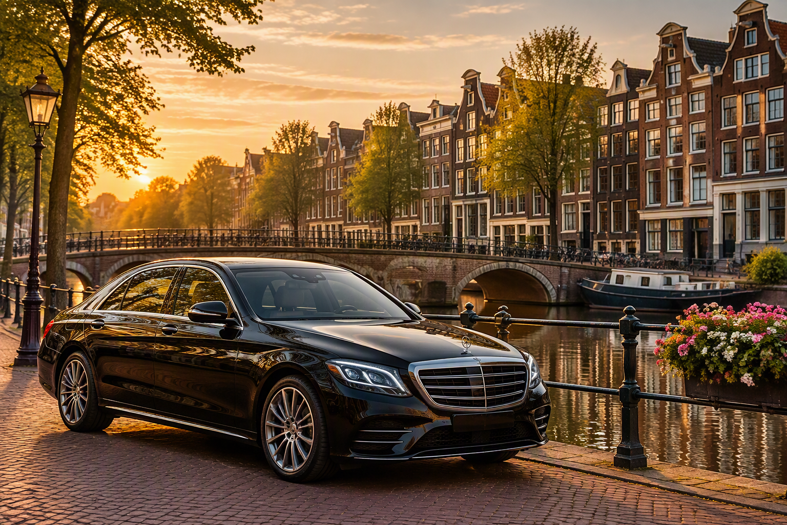 Black Drive Amsterdam airport transfer sedan beside a canal at sunset