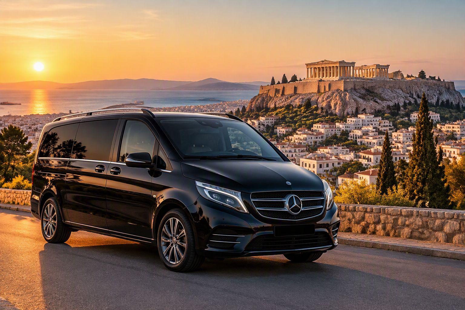 Black Drive Athens airport transfer Mercedes Vito van with the Acropolis at sunset
