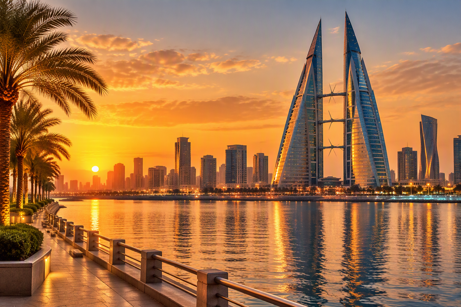 Bahrain Airport Transfers and Chauffeur Services 1 Black Drive Bahrain airport transfer to Manama with the Bahrain skyline at sunset