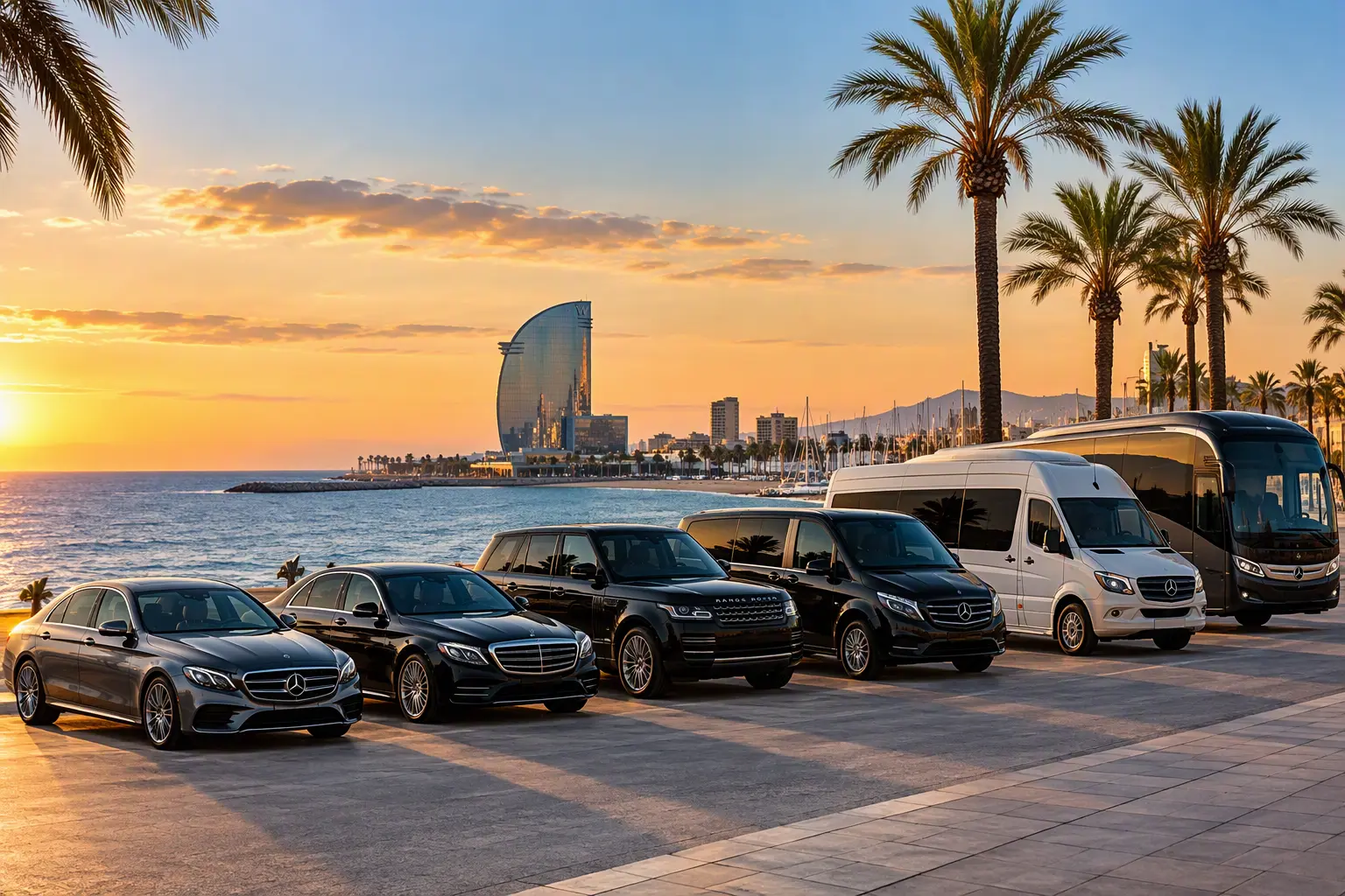 Black Drive Barcelona airport transfer fleet: sedans, SUV, V-Class, Sprinter and coach