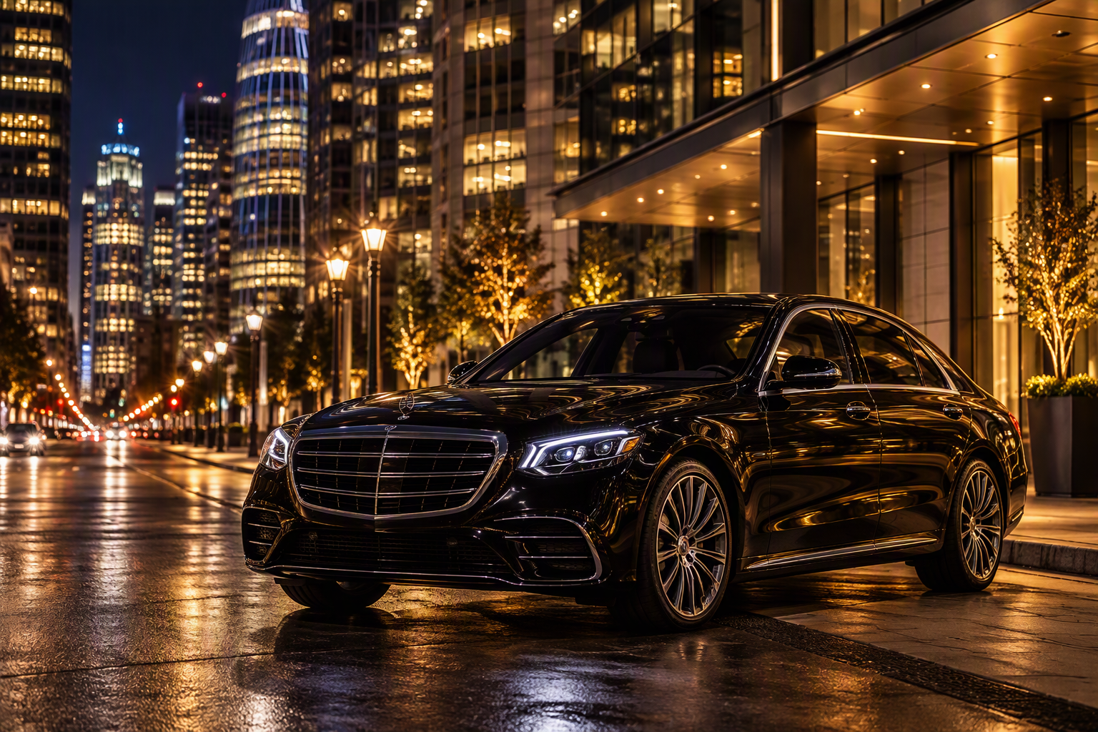 Chauffeur service Toronto: Black sedan with a chauffeur in downtown Toronto at night