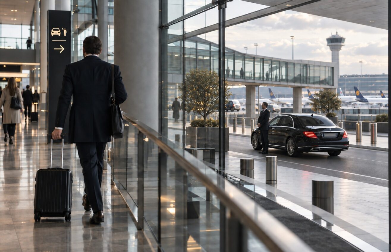 Business traveller walking through an airport terminal towards a chauffeur waiting beside a black Mercedes-Benz sedan