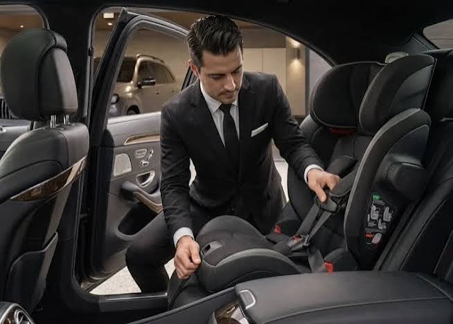 Chauffeur fitting a child car seat in the back of a black luxury sedan