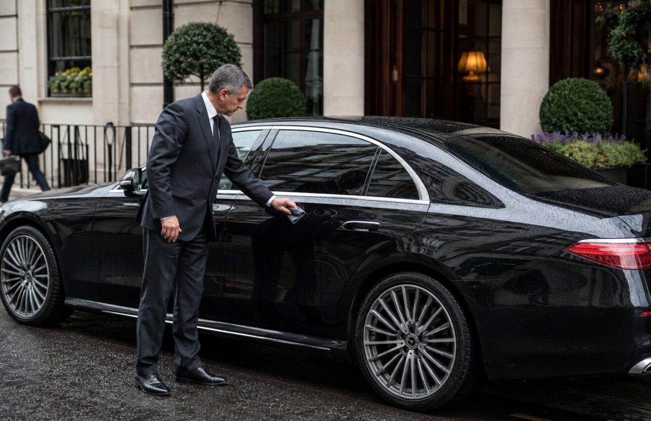About Black Drive: Chauffeur polishing the door of a black Mercedes-Benz S-Class outside a hotel