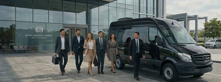Conference shuttle planning: Conference delegates walking from a business summit entrance to a black Mercedes-Benz Sprinter van