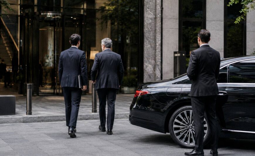 Two executives walking to an office building while their chauffeur waits beside a black sedan