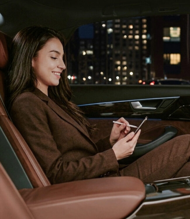 Private chauffeur service: Passenger using a tablet in the leather back seat of a chauffeured car at night