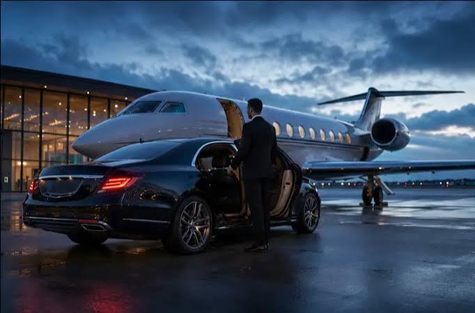 Chauffeur opening the rear door of a black Mercedes-Benz sedan beside a private jet at dusk