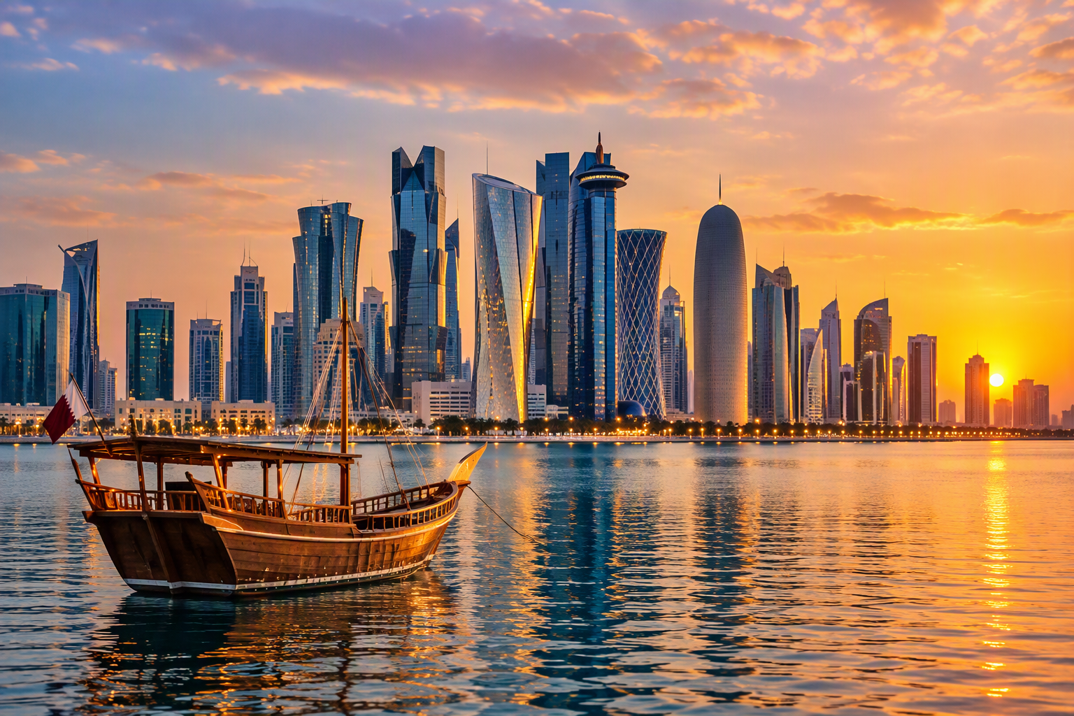 Black Drive Doha airport transfer and chauffeur services with the West Bay skyline at sunset
