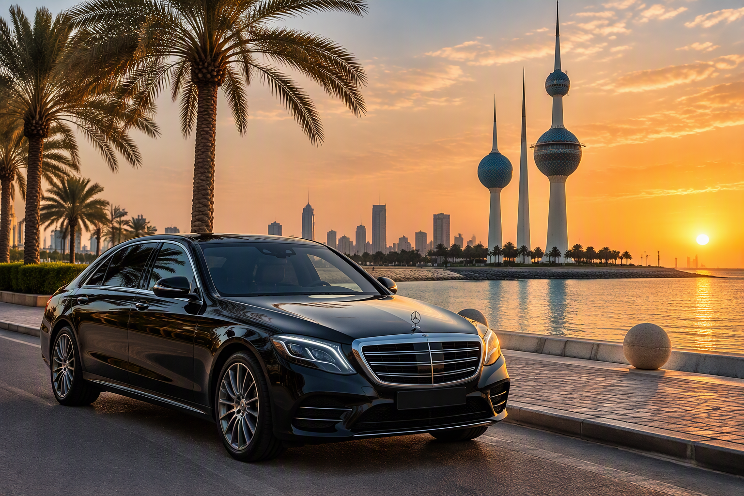 Black Drive Kuwait airport transfer luxury sedan at the Kuwait Towers at sunset