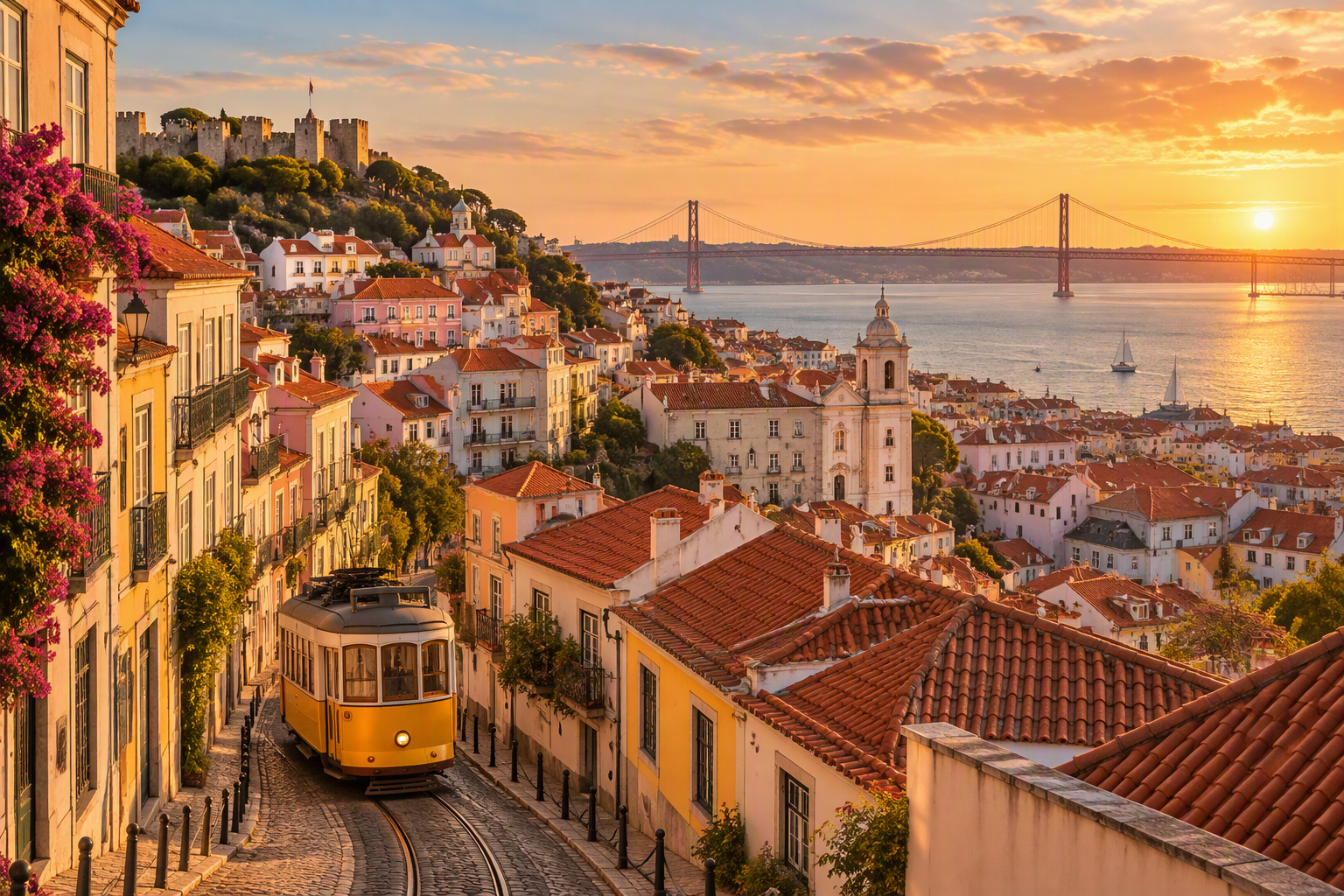 Black Drive Lisbon airport transfer and chauffeur services with tram and 25 de Abril Bridge at sunset