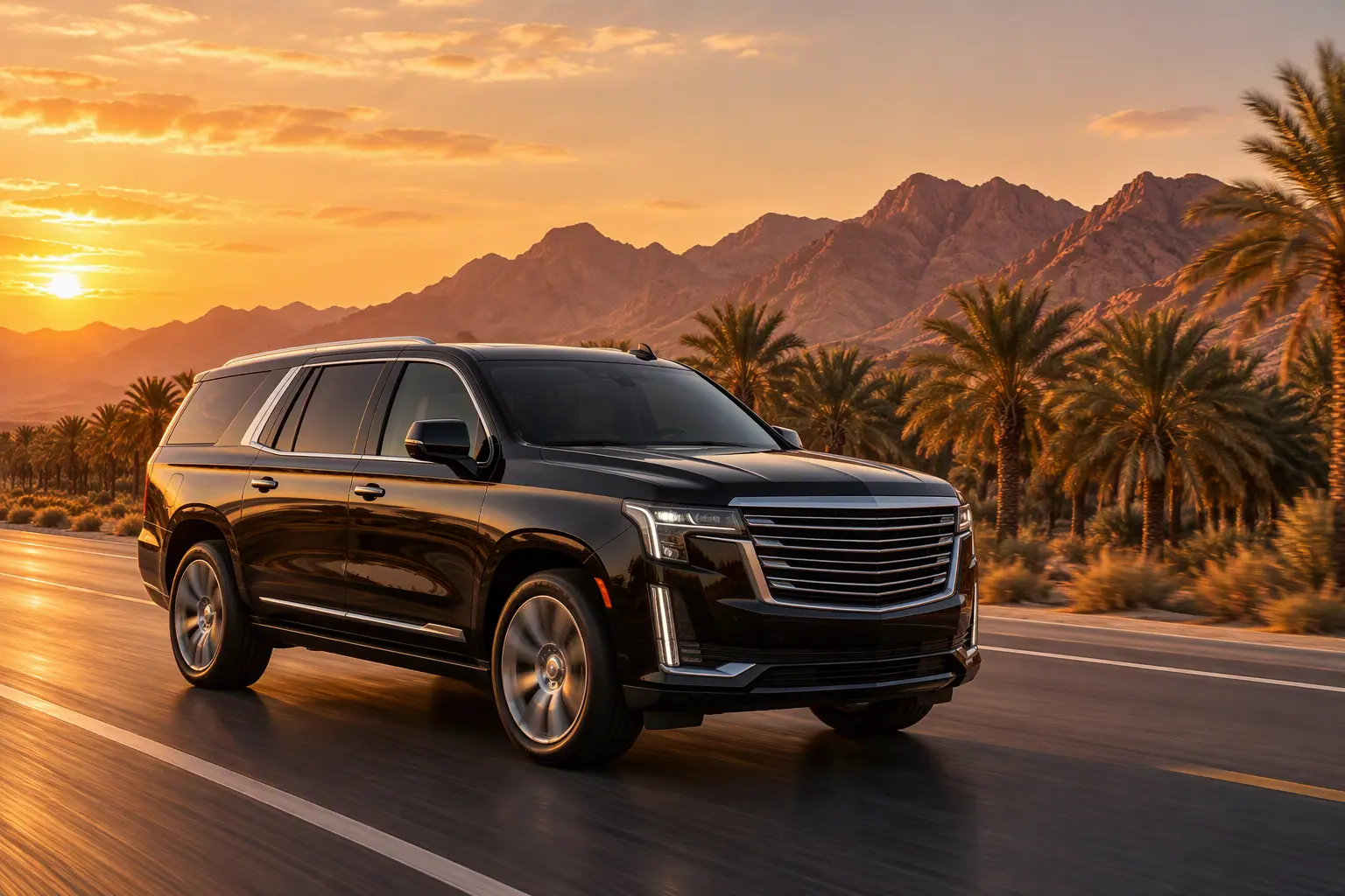 Saudi Arabia Airport Transfers 7 Madinah to Makkah private transfer, black SUV on desert highway