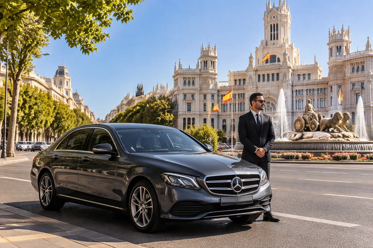 Madrid airport transfer, chauffeur and Mercedes sedan at the Cibeles fountain in central Madrid