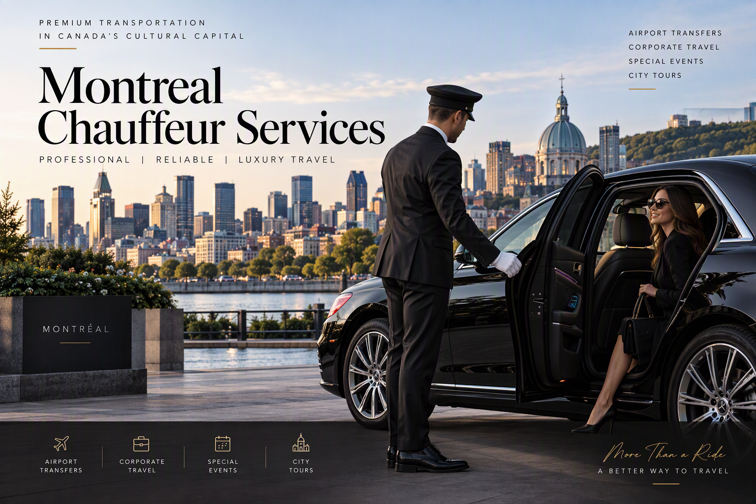 Black Drive Montreal chauffeur services black executive sedan in Old Montreal at dusk