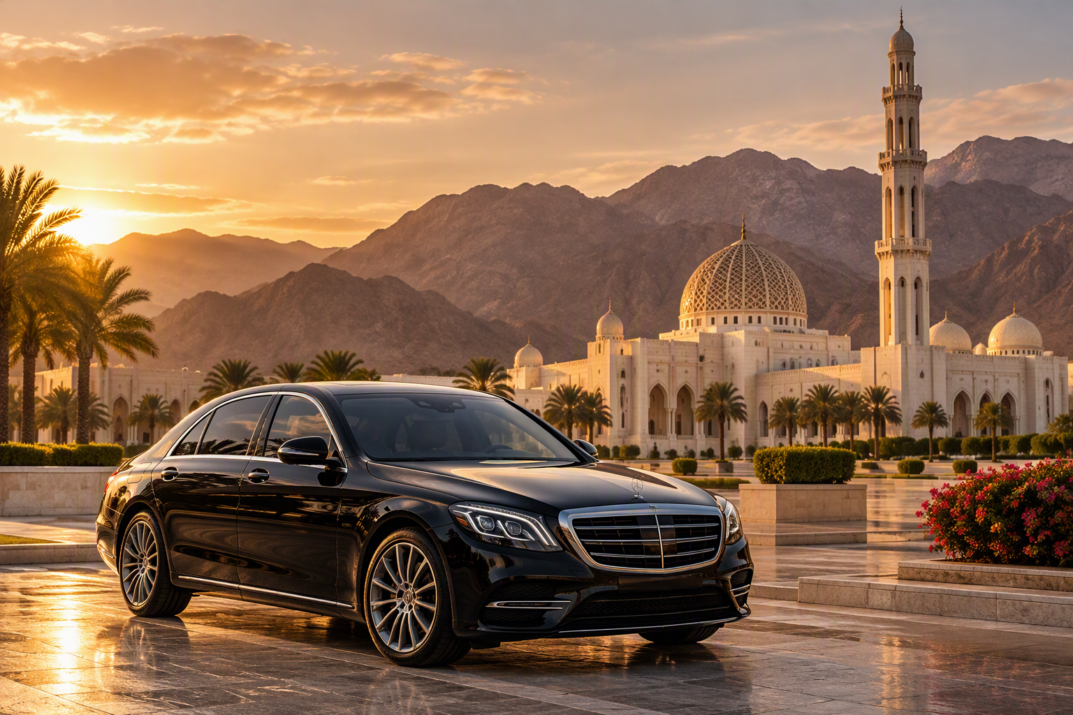 Muscat Airport Transfer and Chauffeur Services in Oman 1 Black Drive Muscat airport transfer sedan at the Grand Mosque at sunset