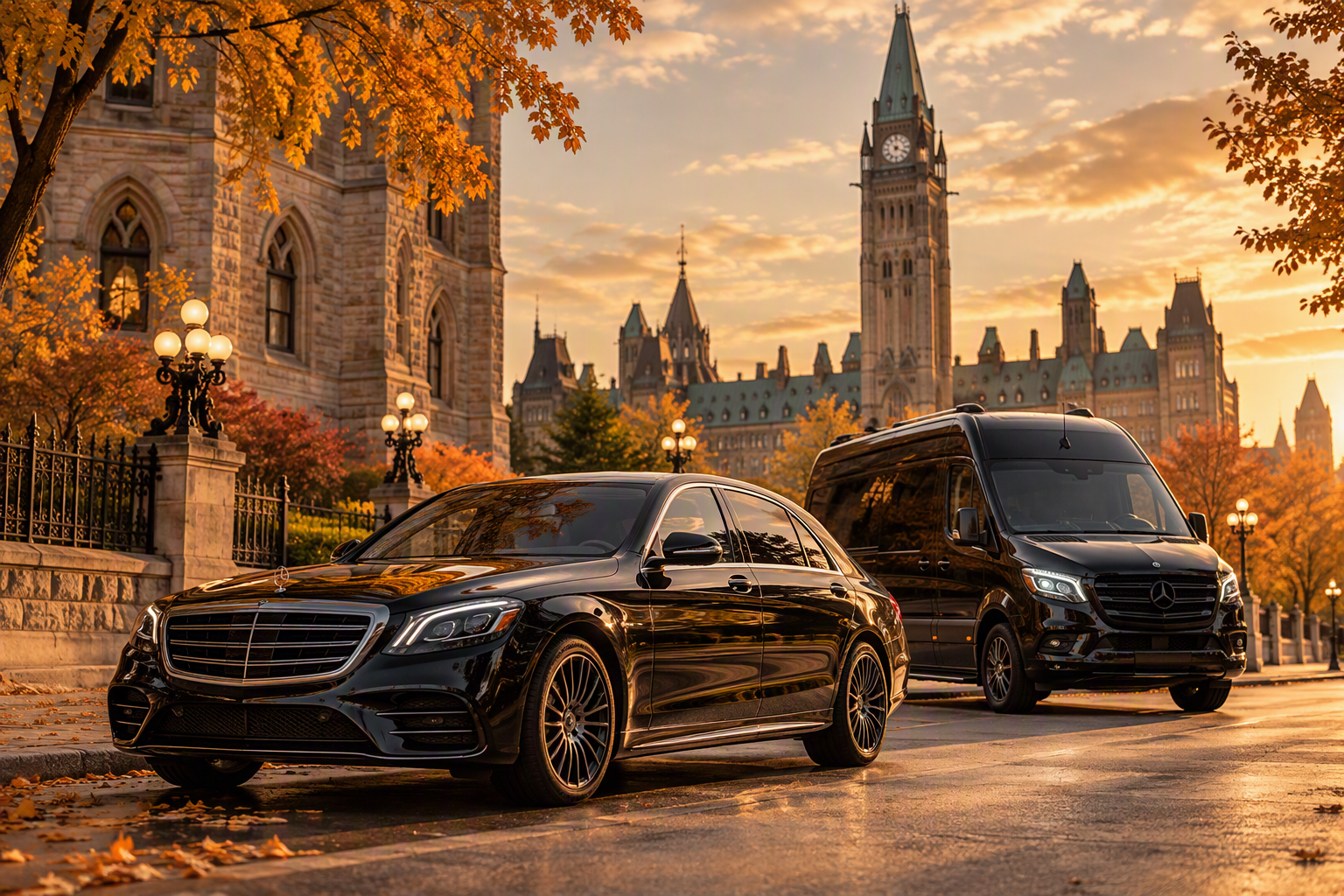 Black Drive Ottawa chauffeur services black executive sedan near Parliament Hill in autumn