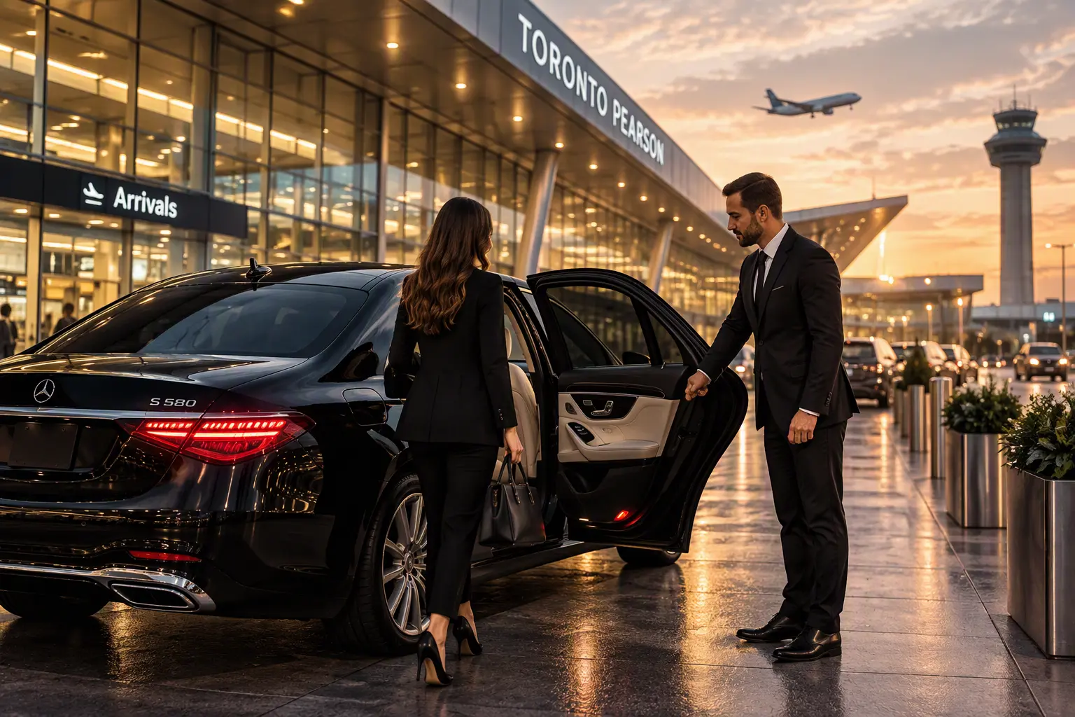 Pearson Airport limo chauffeur opening the rear door of a black Mercedes sedan at Toronto Pearson arrivals