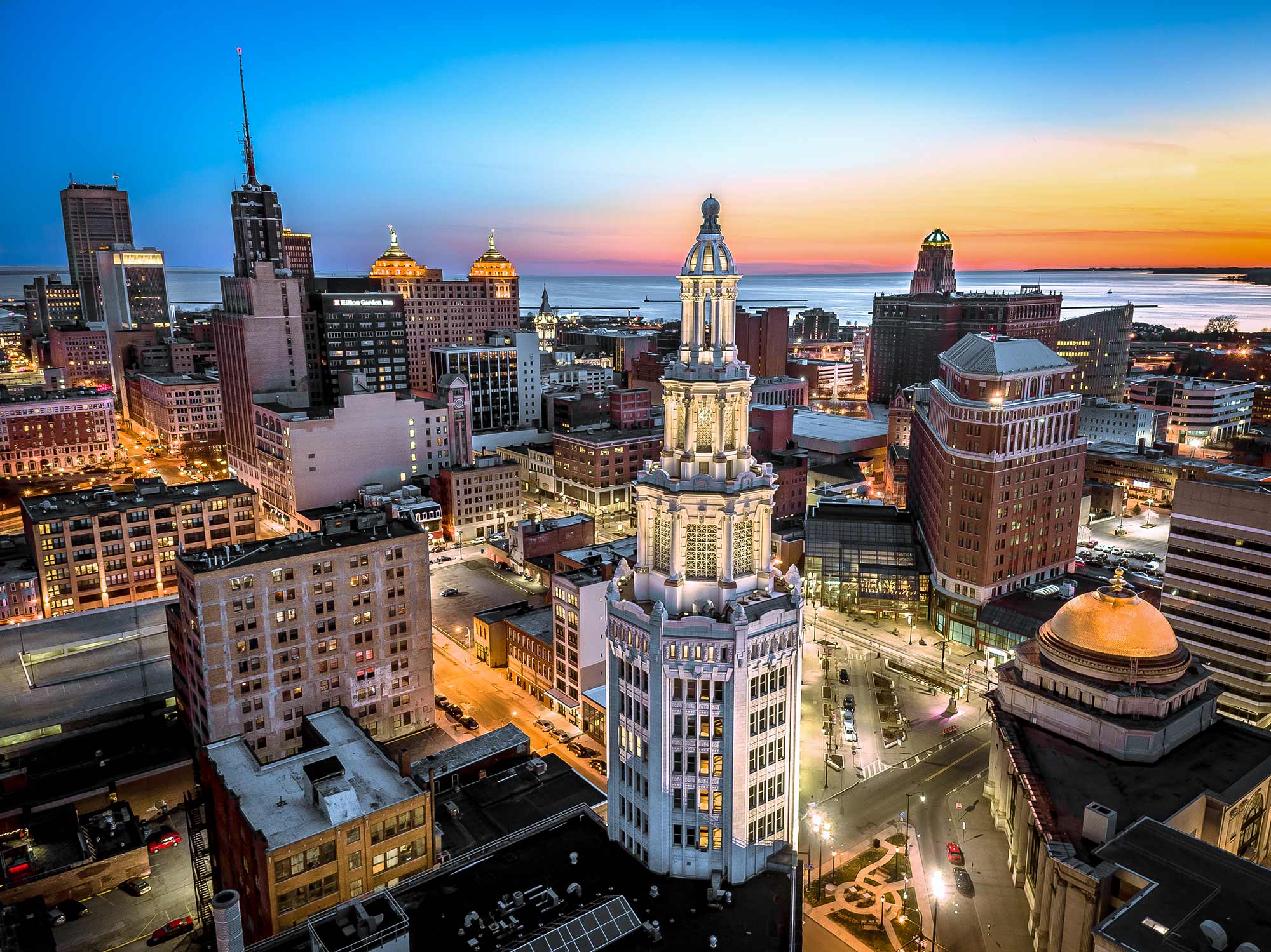 Pearson Airport to Buffalo transfer – black SUV with the downtown Buffalo skyline