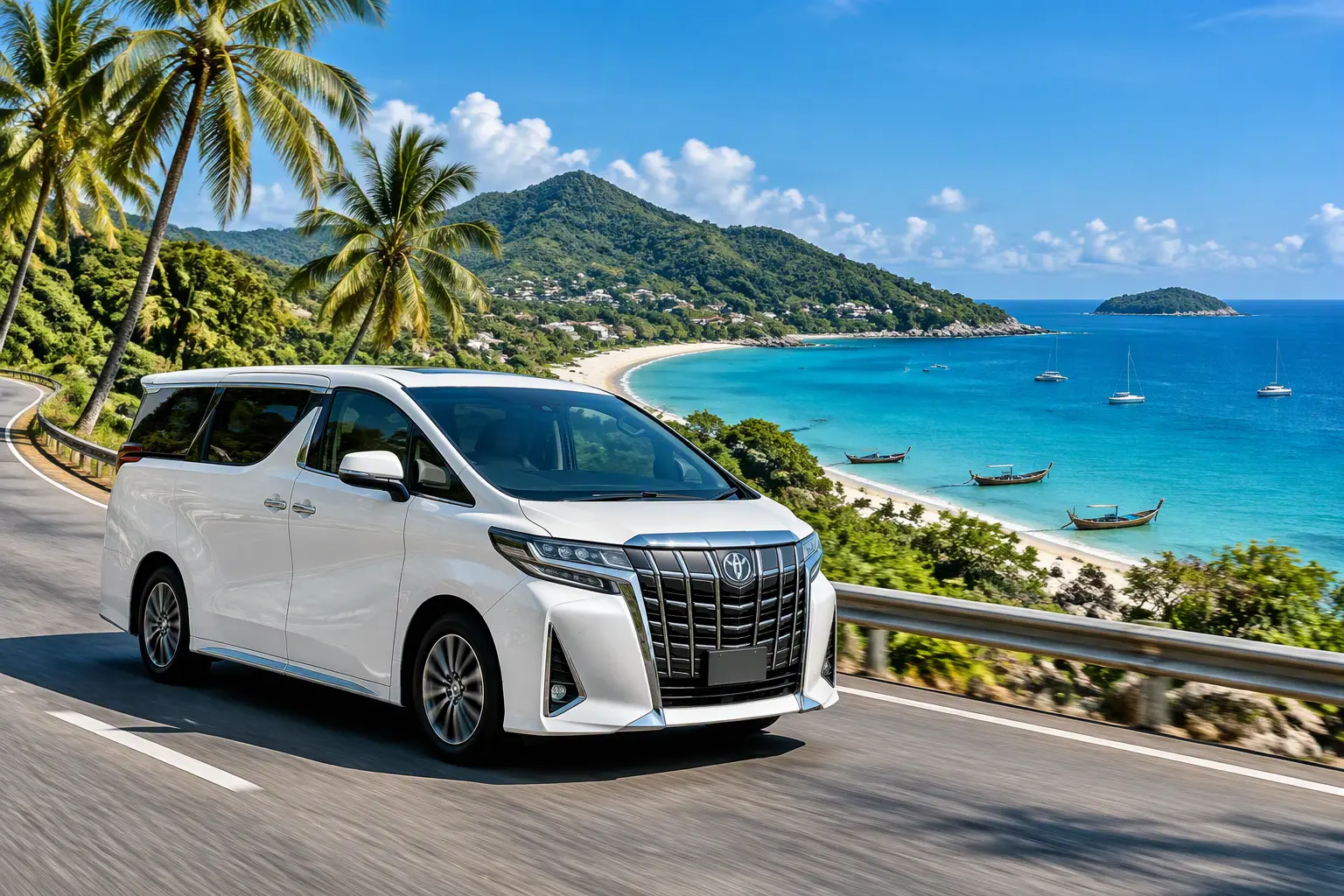 Phuket airport transfer, white Toyota Alphard van on a scenic coastal road with Andaman Sea views