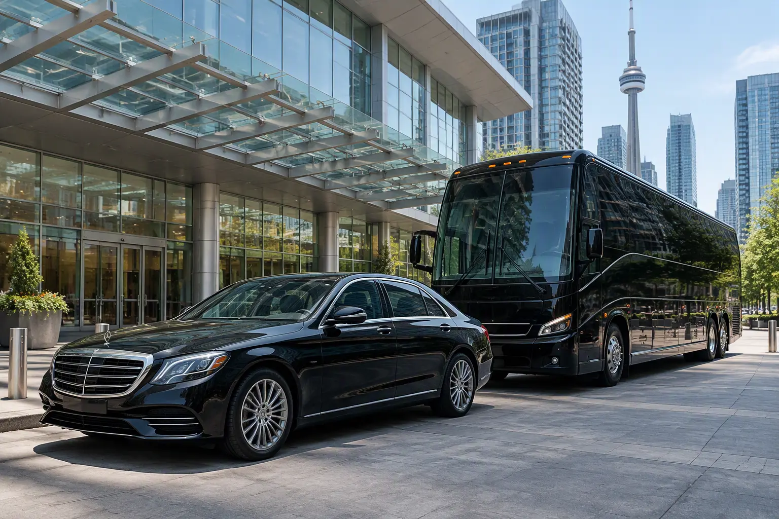 Toronto Corporate Transportation for Roadshows, Conferences and Executives 1 Toronto corporate transportation – black sedan and coach outside a convention centre