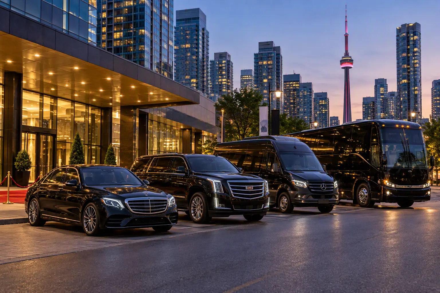 Toronto event transportation fleet – black sedan, SUV, Sprinter van and coach with the CN Tower