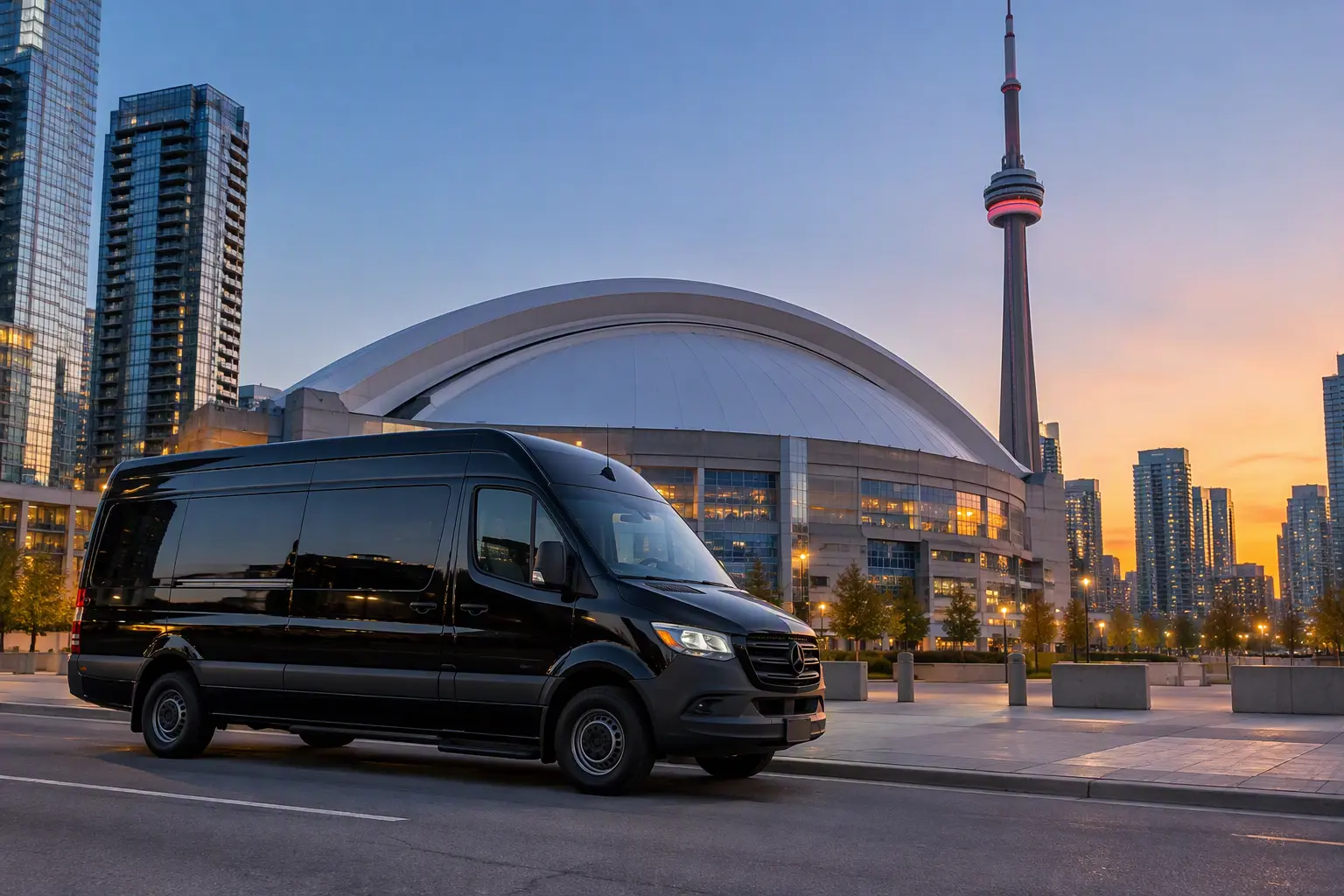 Toronto sports game transportation – black van outside Rogers Centre with the CN Tower