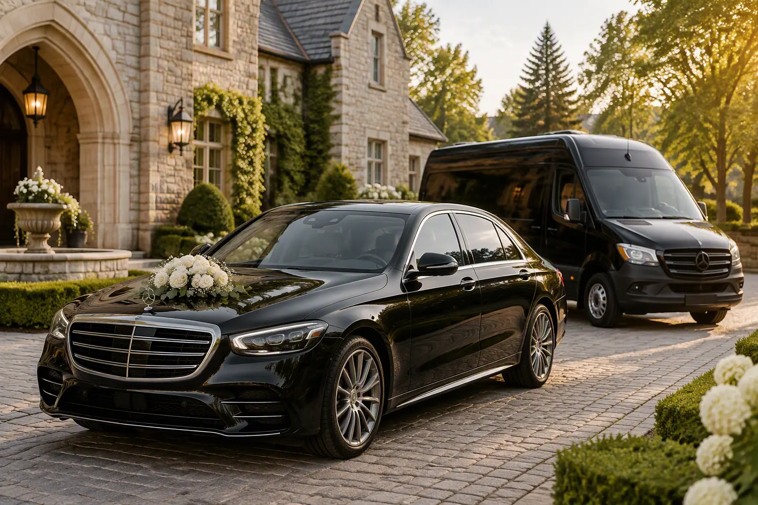 Toronto wedding transportation – black sedan with white flowers and van at a wedding venue