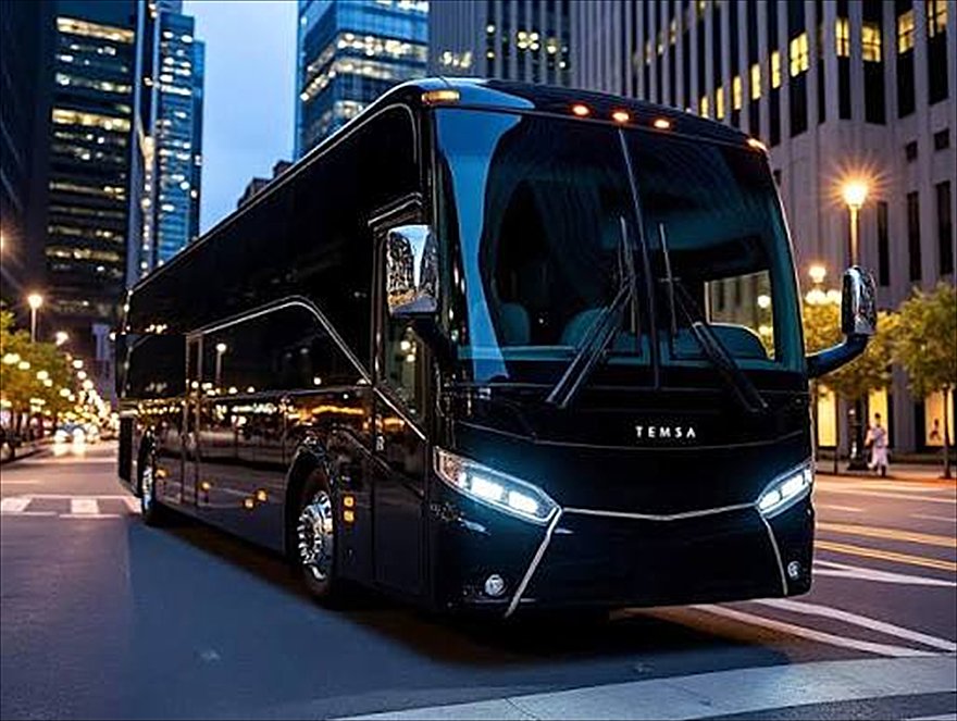 Black Temsa executive coach with its lights on in a city street at night