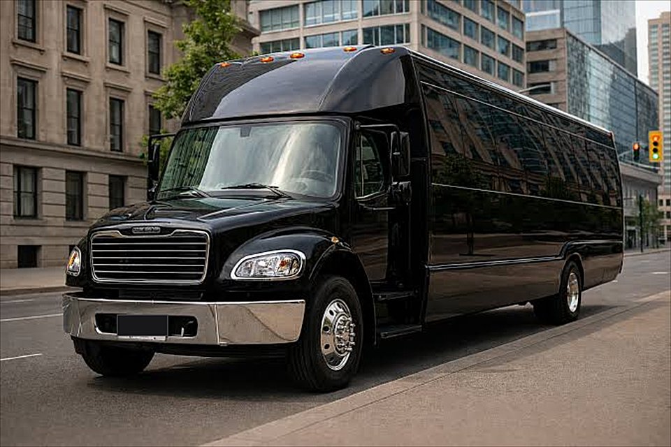 Black minibus parked on a city street