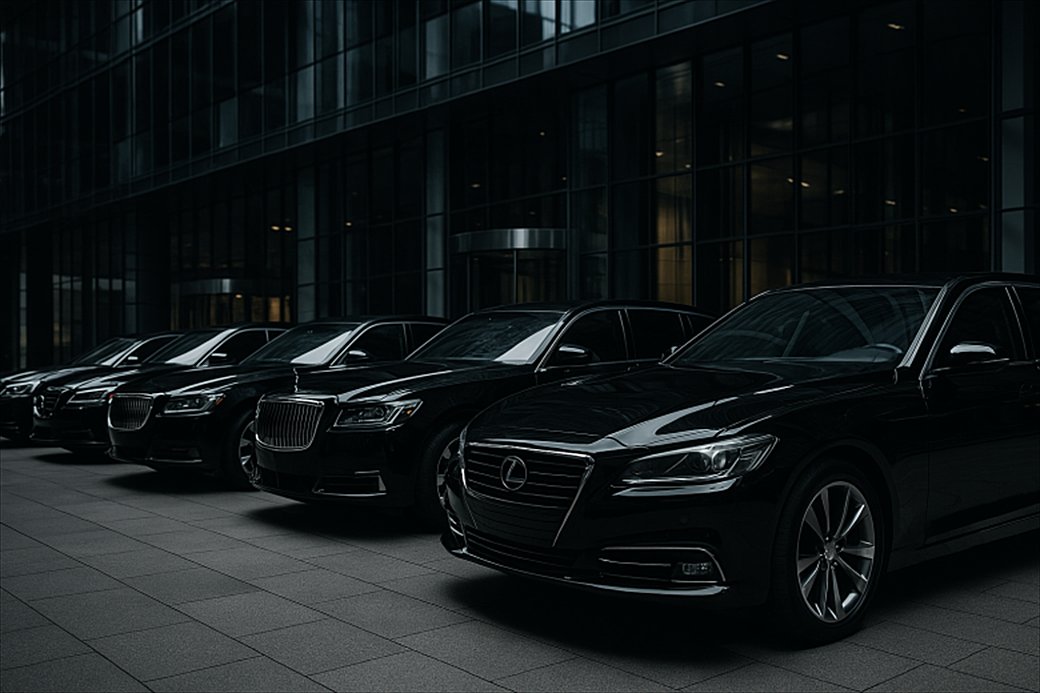 Row of black business sedans outside a glass office building